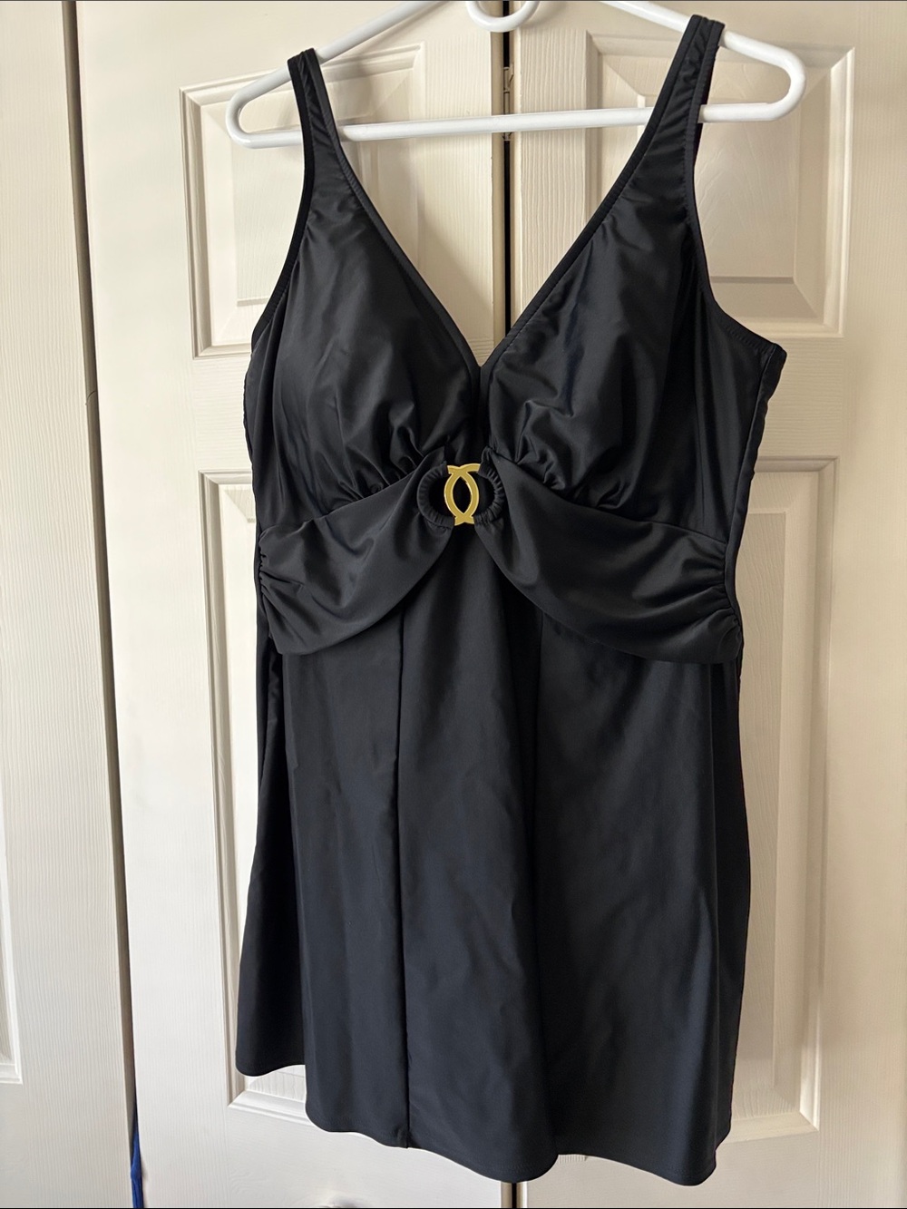 Black V-Neck One-Piece Swimdress with Gold Accent